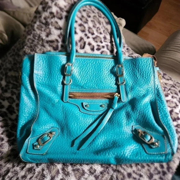 Gorgeous Turquoise Moto Genuine Leather Made in Italy Tote Bag - Picture 5 of 16